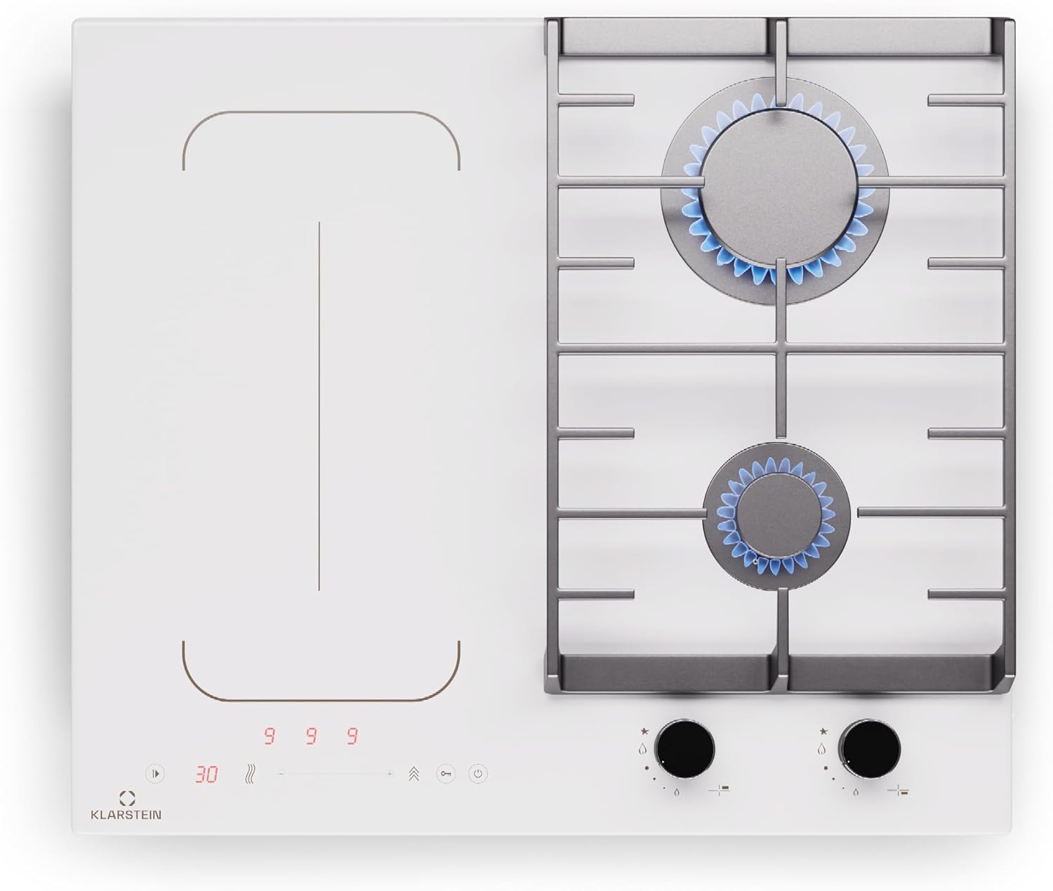 MultiChef 4 Plaque Induction Et Gaz - 4 Zones, 2 Gaz & 2 Induction, Flexzone, Stop&Go, Minuterie, Blanc, 7Kw, Plaque De Cuisson Encastrable 60 cm 2 fils (1 zone Flex) + 2 brûleurs à gaz Blanc