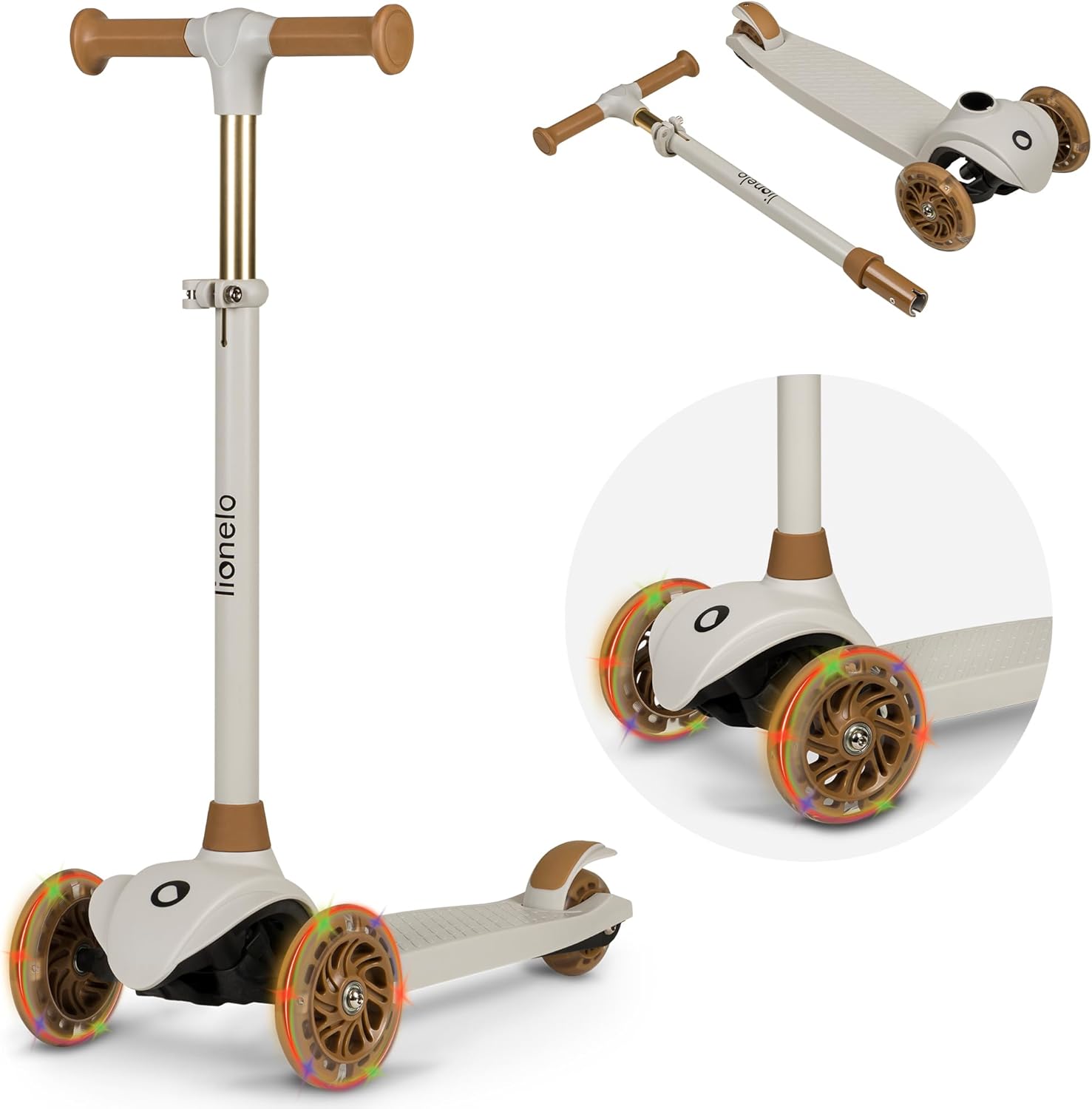 Jessy Trottinette d'équilibre pour Enfants de 3 Ans à 50 kg, Trottinette Trois Roues Légère avec Réglage en Hauteur, Roues LED, Plateforme Antidérapante, Hauteur Scooter (Brown) JESSY Marron
