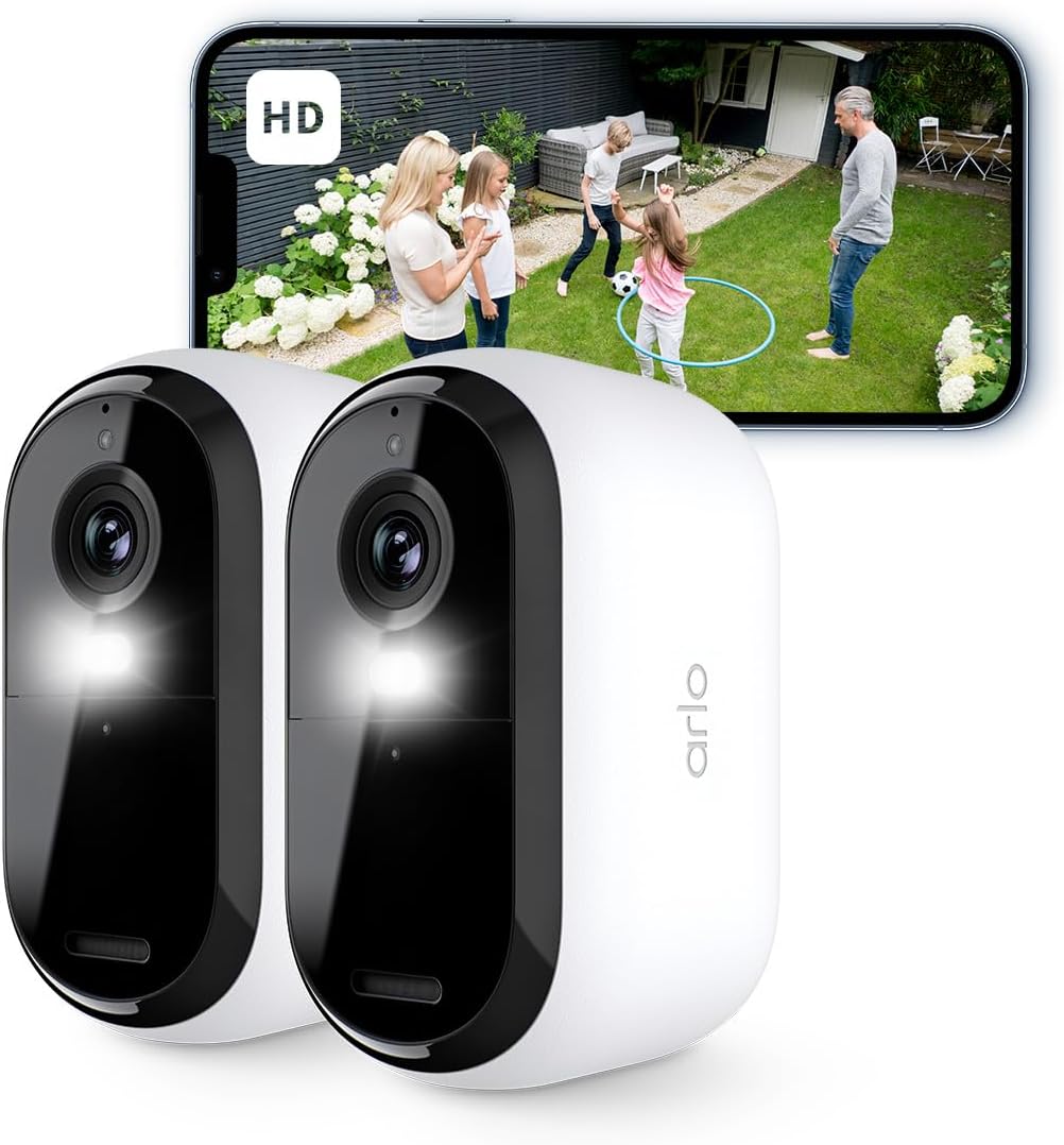 Essential 2 HD, Caméra de Surveillance WiFi Extérieure Sans Fil, Autonomie de 6 mois, Vision Nocturne Couleur, Éclairage, Sirène et Audio Bidirectionnel, Essai Arlo Secure Inclus, 2 Caméras Blanc 2 Caméras Essential 2