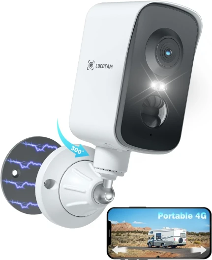 Portable Magnétique 4G Camera Surveillance sans Fil, 2K Caméra Interieur/Exterieur pour RV/Camping/Voyage, Pan 300°, Batterie 10000mAh, Détection Humaine PIR&AI (sans WiFi) (1)