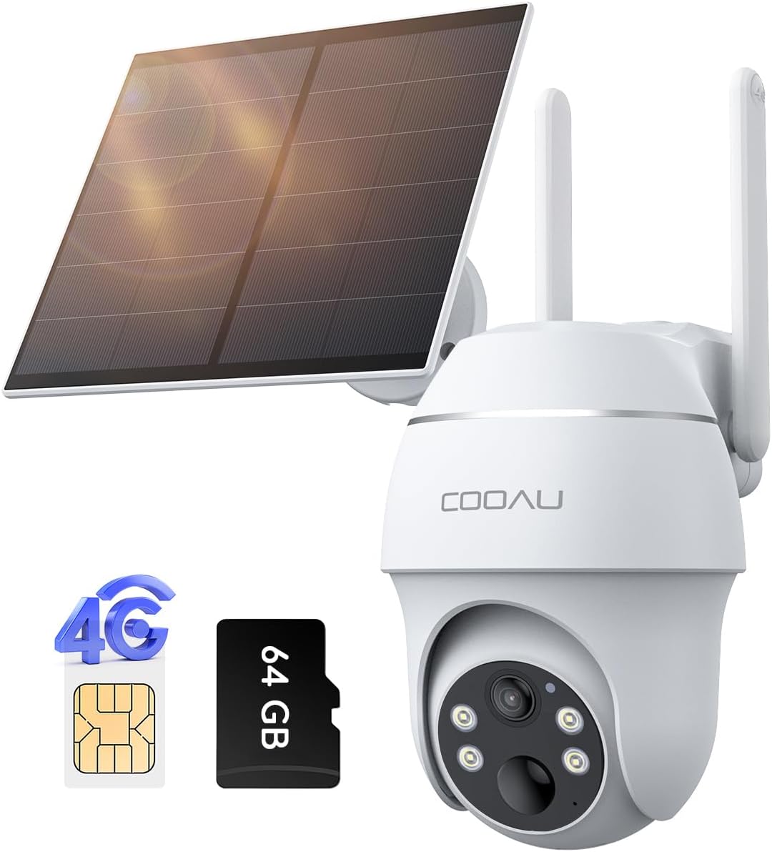 4G LTE Camera Surveillance Extérieure sans fil - 2K 3MP Caméra Solaire sans Wi-Fi avec carte SIM - 360° PTZ - Audio bidirectionnel - Vision nocturne couleur - IP66 - Stockage local 64 Go & cloud Blanc