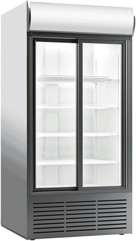 Réfrigerateur à Boissons Commercial 900 L Frigo Vitrine 2 portes coulissantes Température 0-10 ℃ Armoire à Boisson Réfrigérée Étagères Réglables et Caisson Lumineux serrure supermarché café snack bar