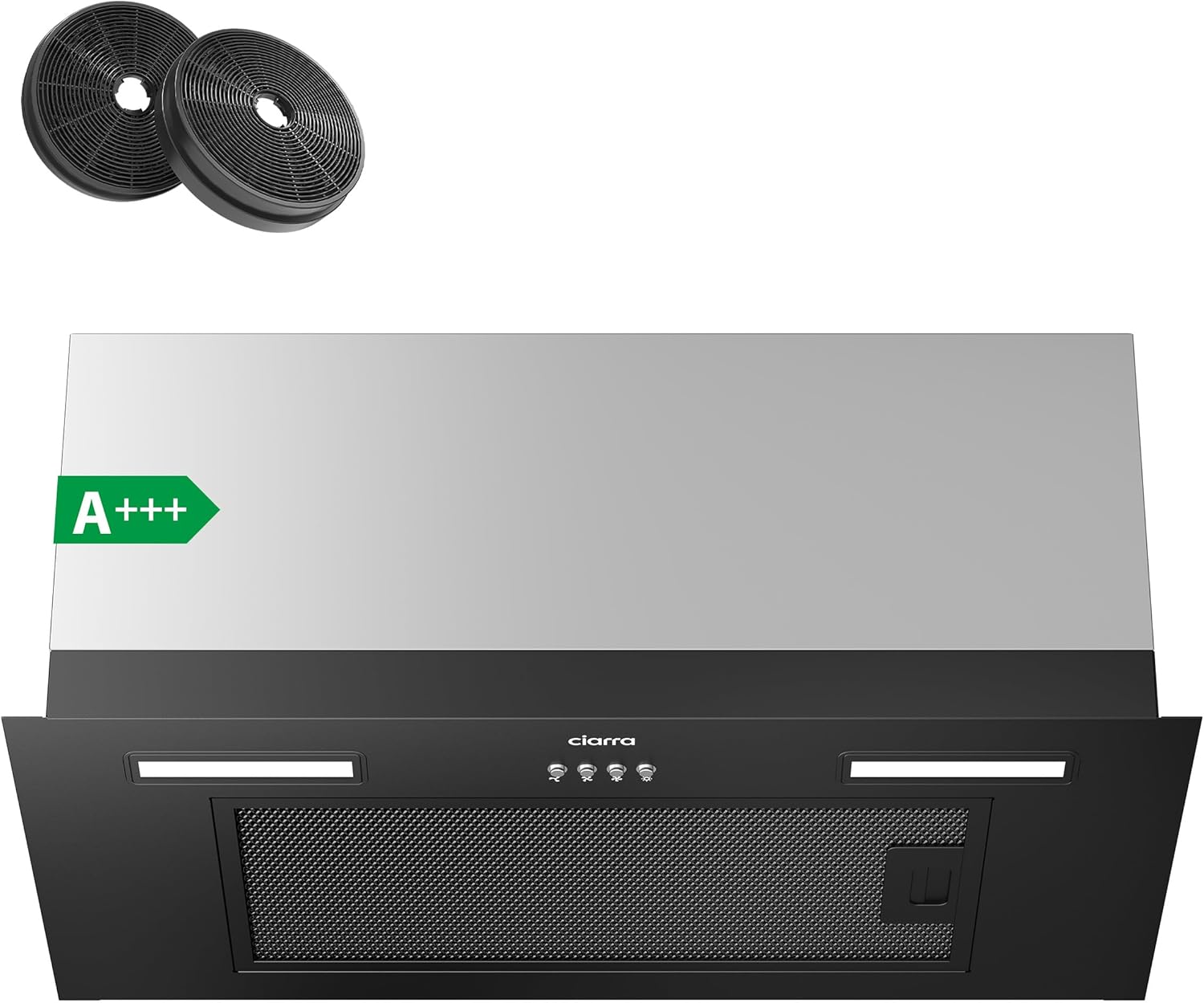 Hotte Aspirante Encastrable 60 cm Classe A+++ 650 m³/h, Hotte Compacte Encastrée Noir avec Filtre à Charbon CBCF003, Évacuation & Recyclage Noir Inox