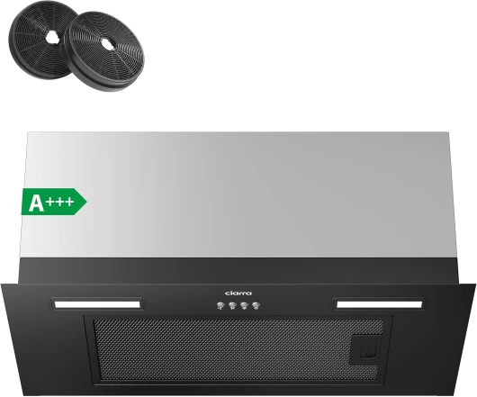 Hotte Aspirante Encastrable 60 cm Classe A+++ 650 m³/h, Hotte Compacte Encastrée Noir avec Filtre à Charbon CBCF003, Évacuation & Recyclage Noir Inox