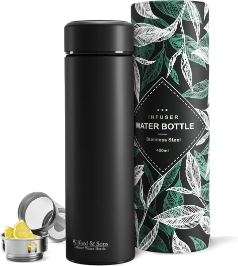 Bouteille d’eau isotherme à infusion thé & fruits + infuseur à fruit + passoire thé sans BPA - Thermos 450ml en acier inoxydable isolé sous vide - Gourde bureau extérieur école voyage sport – Noir Black