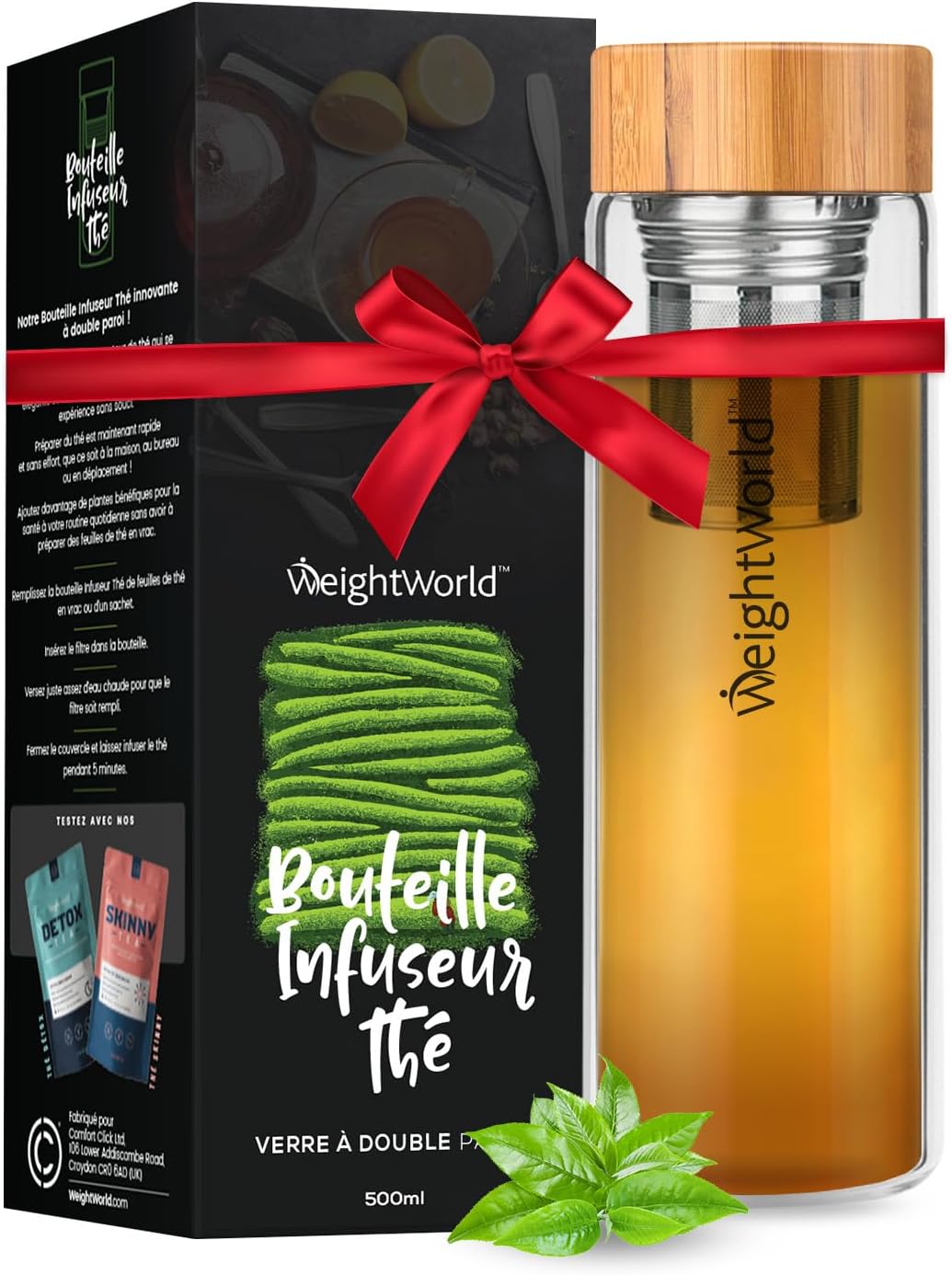 Bouteille Infuseur à Thé 500ml Bouteille Isotherme, Filtre Inox, Thermos Café en Verre Double Paroi, Infusion à Thé Froid & Chaud et aux Fruits, Couvercle Bambou, Idée Cadeau pour l'Hiver, Sans BPA