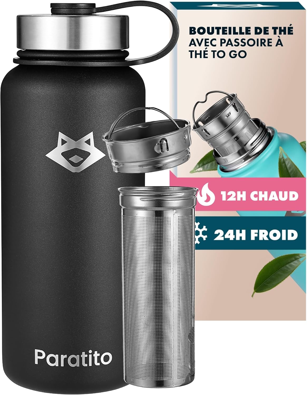 Paratito® Thermos Thé et Café Isotherme avec Infuseur à Thé et Fruits – Gourde Infuseur Thé 1L en Acier Inoxydable – Bouteille Thermos pour Bureau, Yoga, Voyage – Théière avec Infuseur Passoire À Thé Noir Mat 1000 ml