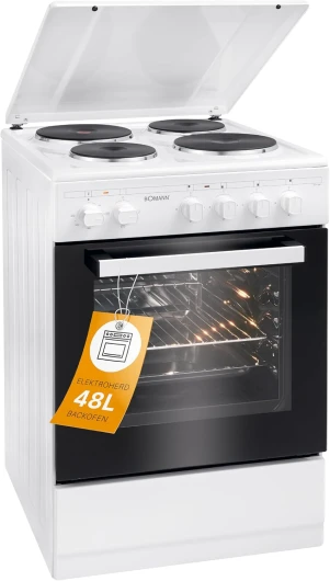 Boman, Cuisinière Electrique 4 plaques et four de 48L, Largeur 50 cm, cuisine avec plaque couvre-feu, allumage manuel, 4 foyers avec commandes, Energie A