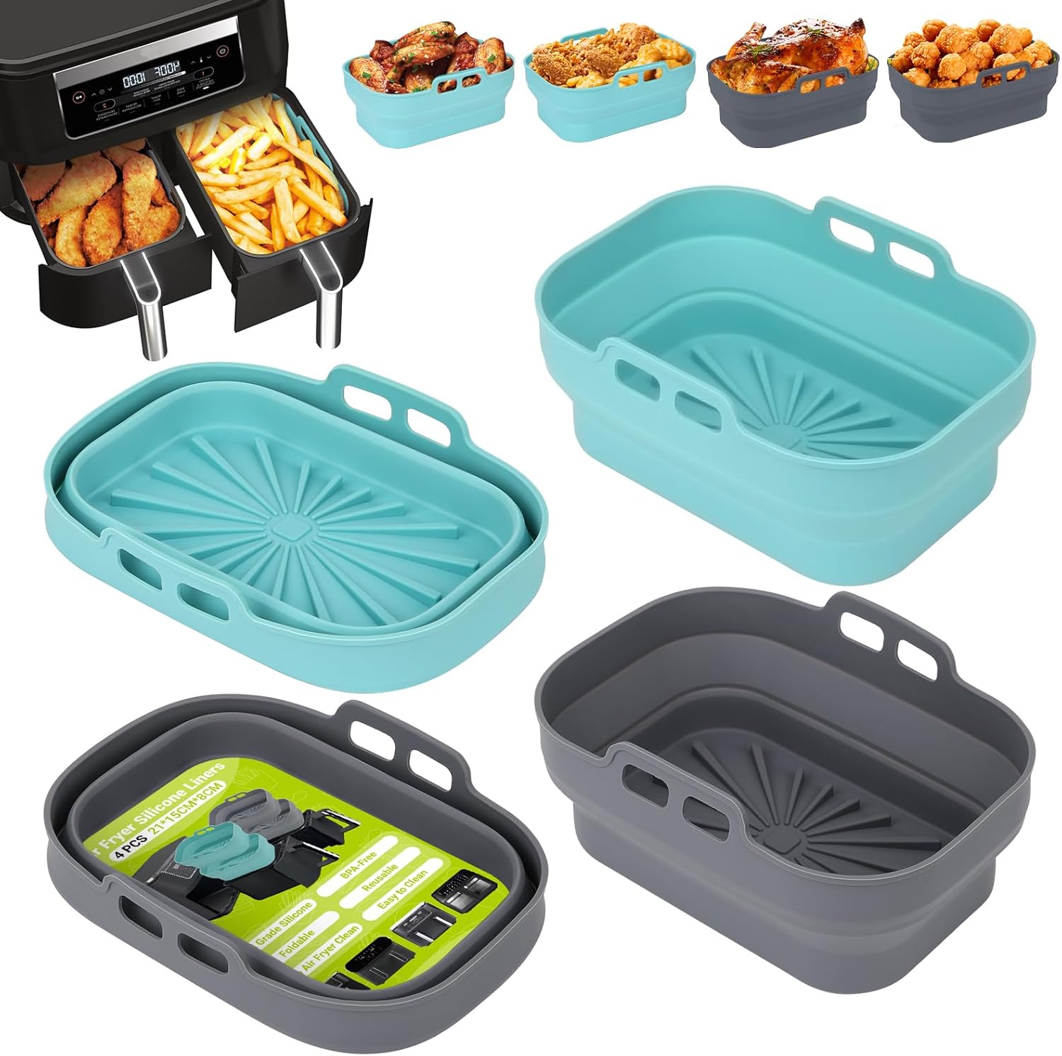 Moule Silicone Air Fryer, 4 Pièces Moules pour Friteuse à Air Réutilisable Plat Airfryer Accessoire Rectangulaire Ustensiles Panier pour Friteuse Air Chaud, Four, Microonde (Bleu+Gris) 4 Pieces Bleu+gris