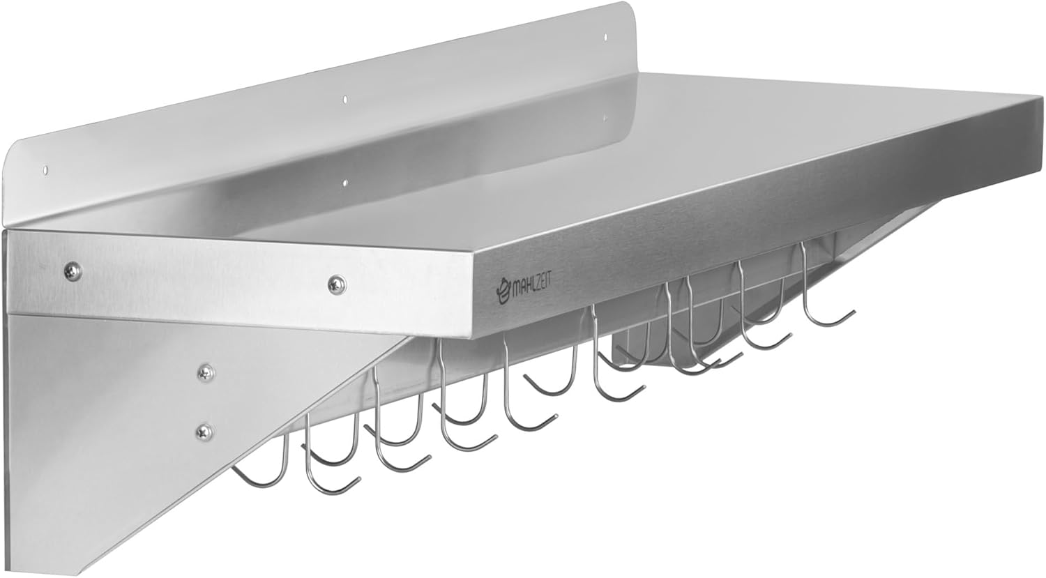 Mahlzeit Étagère murale en acier inoxydable avec barre à crochet - 90 x 30 cm - Étagère flottante pliable - argenté - tablette murale en metal industriel, étagère 30 cm de largeur, gastronomie (L) 90 x (P) 30 x (H) 25 cm