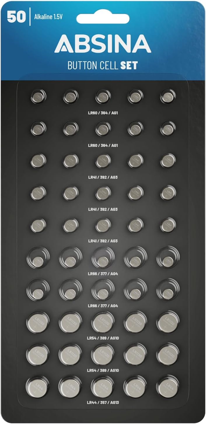 Pack de 50 Assortiment Pile Bouton - 10x AG1 LR621 / 15x AG3 LR41 / 10x AG4 LR66 / 10x AG10 LR1130 / 5X AG13 LR44 - Piles Boutons Assortiment 1,5V, Piles Plates, Pile Montre, Piles Montre Alcaline Paquet de 1