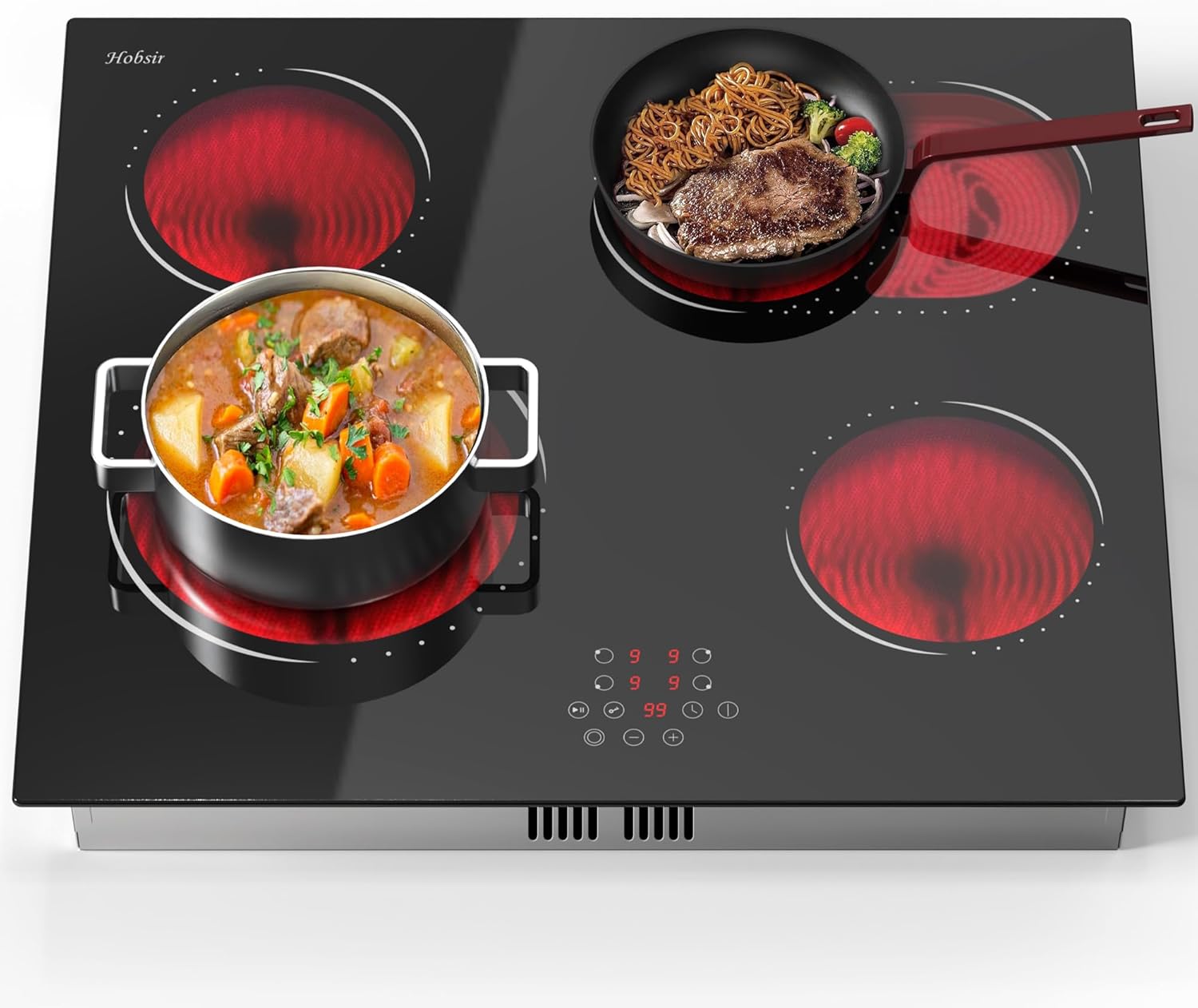 Hobsir Plaque Vitrocéramique 4 Feux, Table de Cuisson électrique 60CM Encastrable, Contrôle Tactile, Zone Ovale et Double Zone, 6600W, 9 Niveau de Puissance, Minuterie, Sans Prise, 240V 60CM avec Ovale 4 Feux Toucher