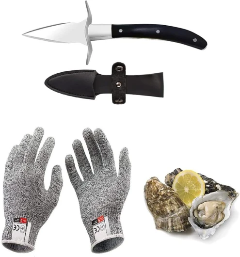 Kaqisen Ensemble de couteaux à huîtres Ensemble de couteaux à huîtres Ouvre-huîtres Résistant aux coupures et gants pour moules ou fromage à pâte dure Manche en bois approprié Acier inoxydable(L) Noir