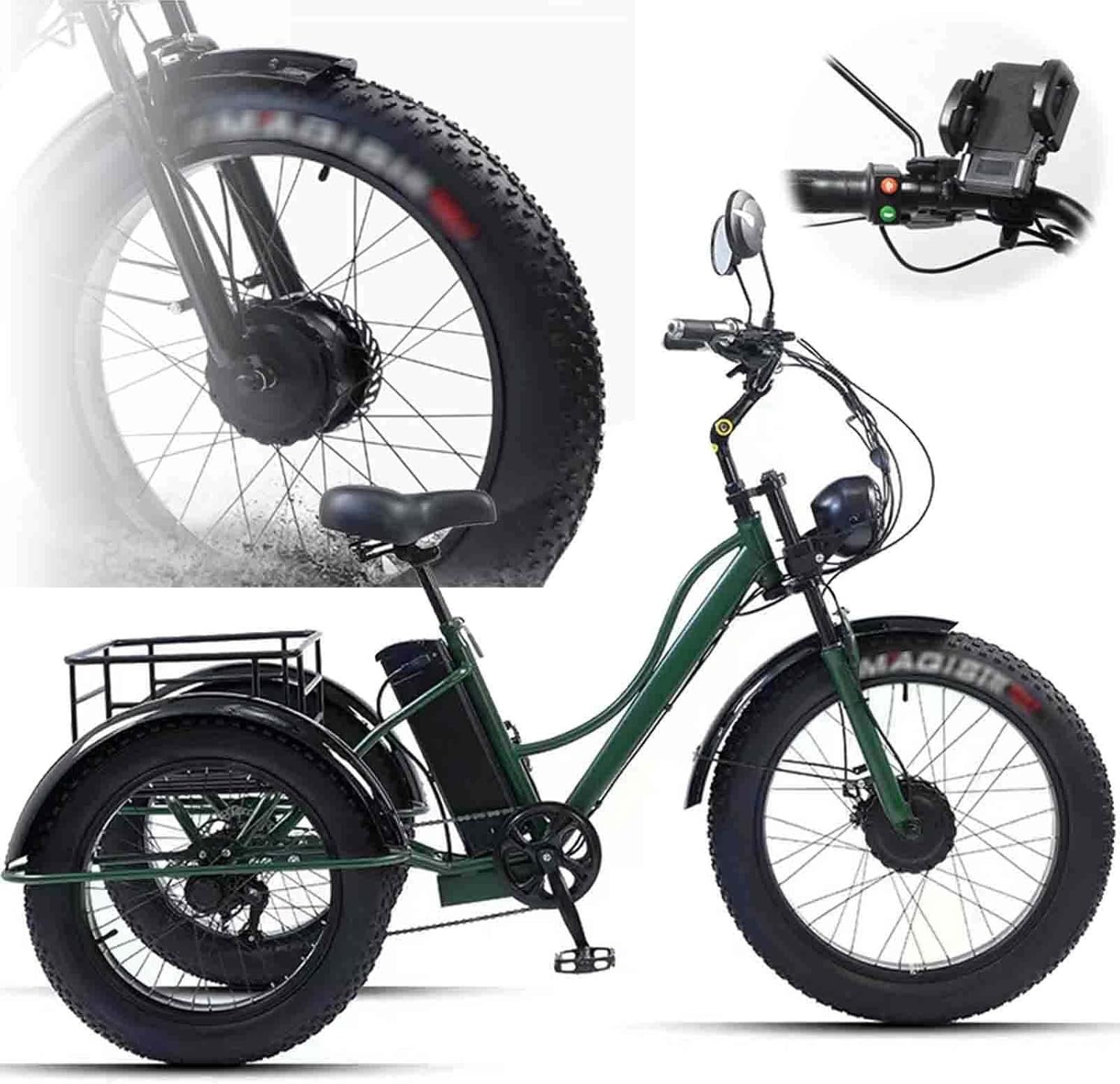 LTdlhFk Tricycle Adulte à Gros Pneus De 24 Pouces (7 Vitesses) - Cadre à Passage Bas/Grand Panier/SièGe Plus Large RéGlable, VéLos De CroisièRe pour Adultes + éCran LCD + Phare,Green Vert