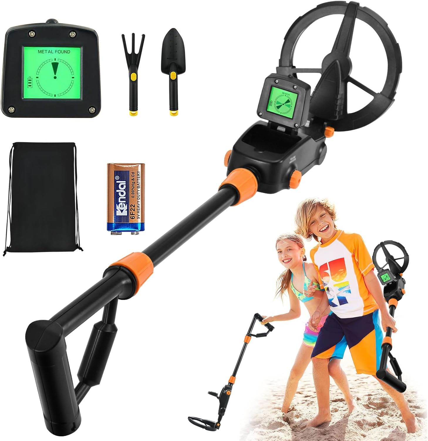 Detecteur de Metaux Enfants, Détecteur de Métaux Léger pour Enfants avec Écran LCD et Son, Bobine étanche IP68, Detecteur Metaux Enfant de Haute Précision avec Râteau, Pelle, Sac à Dos MD-1008A avec accessoire