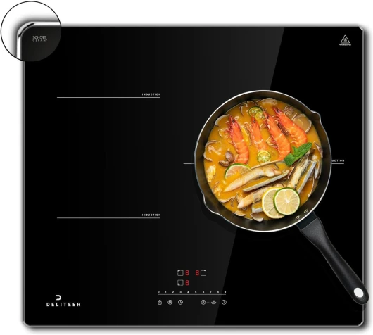 Plaque Induction 3 Feux avec Cadre, DELITEER Table de Cuisson Encastrable 60cm, 6800W, 240V, Plaque électrique 9 Niveaux, Commande Tactile à Curseur, Sans Prise 3 Foyers Induction avec Cadre