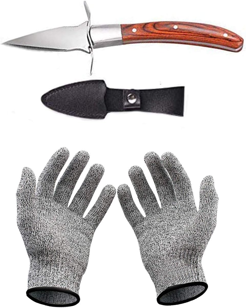 Ensemble couteau à huîtres et gants résistants aux coupures, ouvre-huîtres et gants de protection pour coquillages ou fromages à pâte dure - Oyster Knife (cuisine, jardinage, DIY) (Marron, Grande) Marron Grande