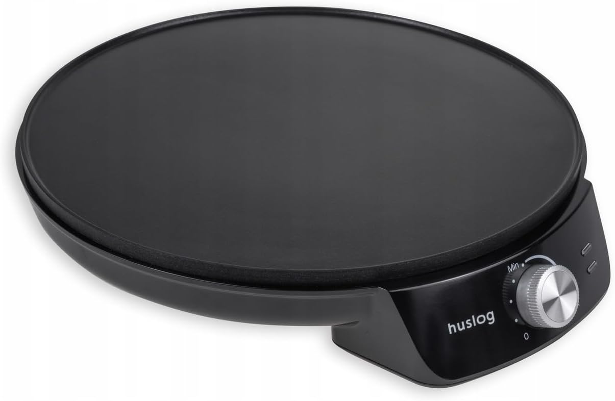 Huslog Crêpière Électrique 1200W, Ø29 cm, Revêtement Antiadhésif, Température Réglable, Bord Relevé, avec Spatule Bois et Répartiteur, Noir - Parfaite pour Crêpes, Pancakes, Tortillas et Tacos