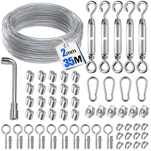 35M 69pcs cable acier pour Plantes Grimpantes, Kit de Câble en Acier Durable avec tendeur cable, serre cable acier et Accessoires, Idéal pour corde à linge, Treillis et Projets DIY Extérieurs 35M-69Pcs