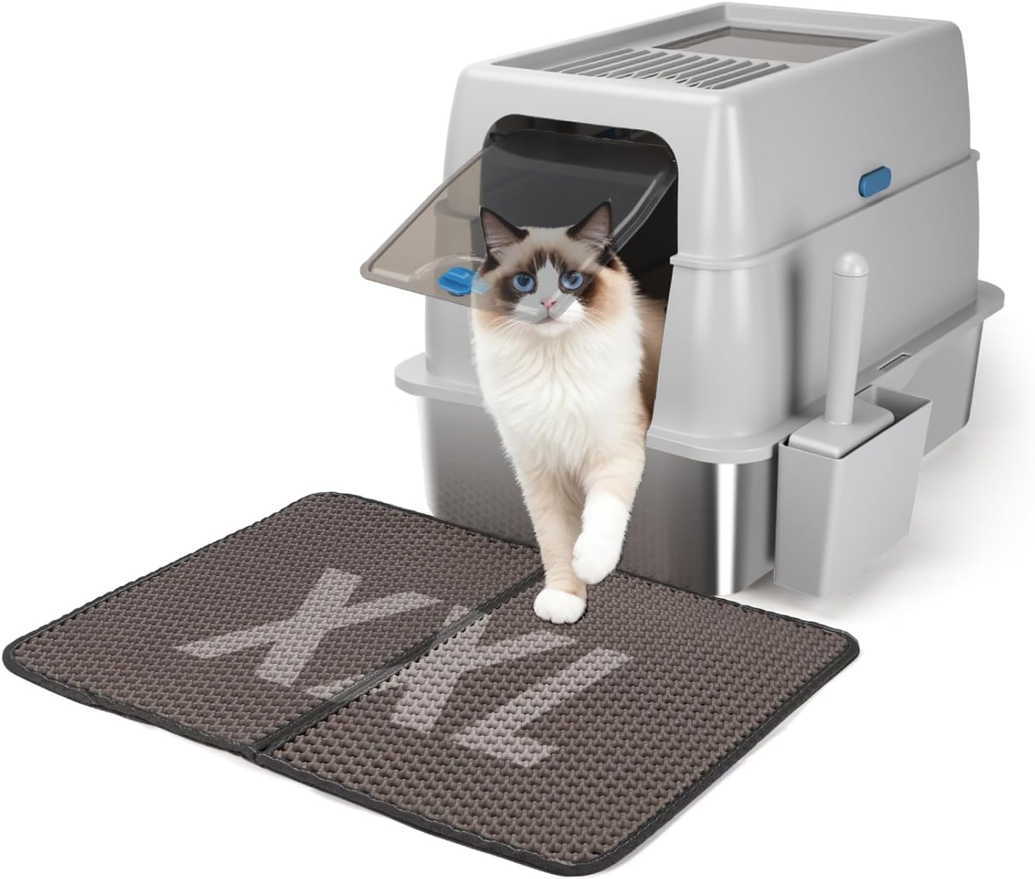 Bac à Litière Fermée en Acier Inoxydable avec Couvercle XXL, Résistant aux Odeurs, Nettoyage Rapide, Inclus Pelle + Tapis pour Chats