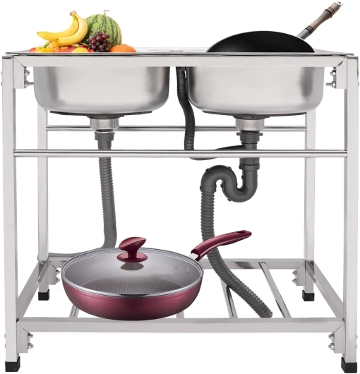 Soudesileim Évier commercial sur pied en acier inoxydable - 1 bac - 83 x 44 x 77 cm - Avec étagères de rangement - Base stable - Capacité de charge de 75 kg (double fente, sans robinet)