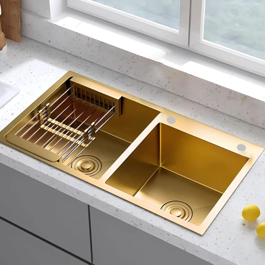 KOOGIMDDR Évier de cuisine doré, 80 x 45 cm, double bac, en acier inoxydable 304 nano, avec bouchon d'évier doré et tamis d'évier, encastrable ou encastrable 80×45cm Or