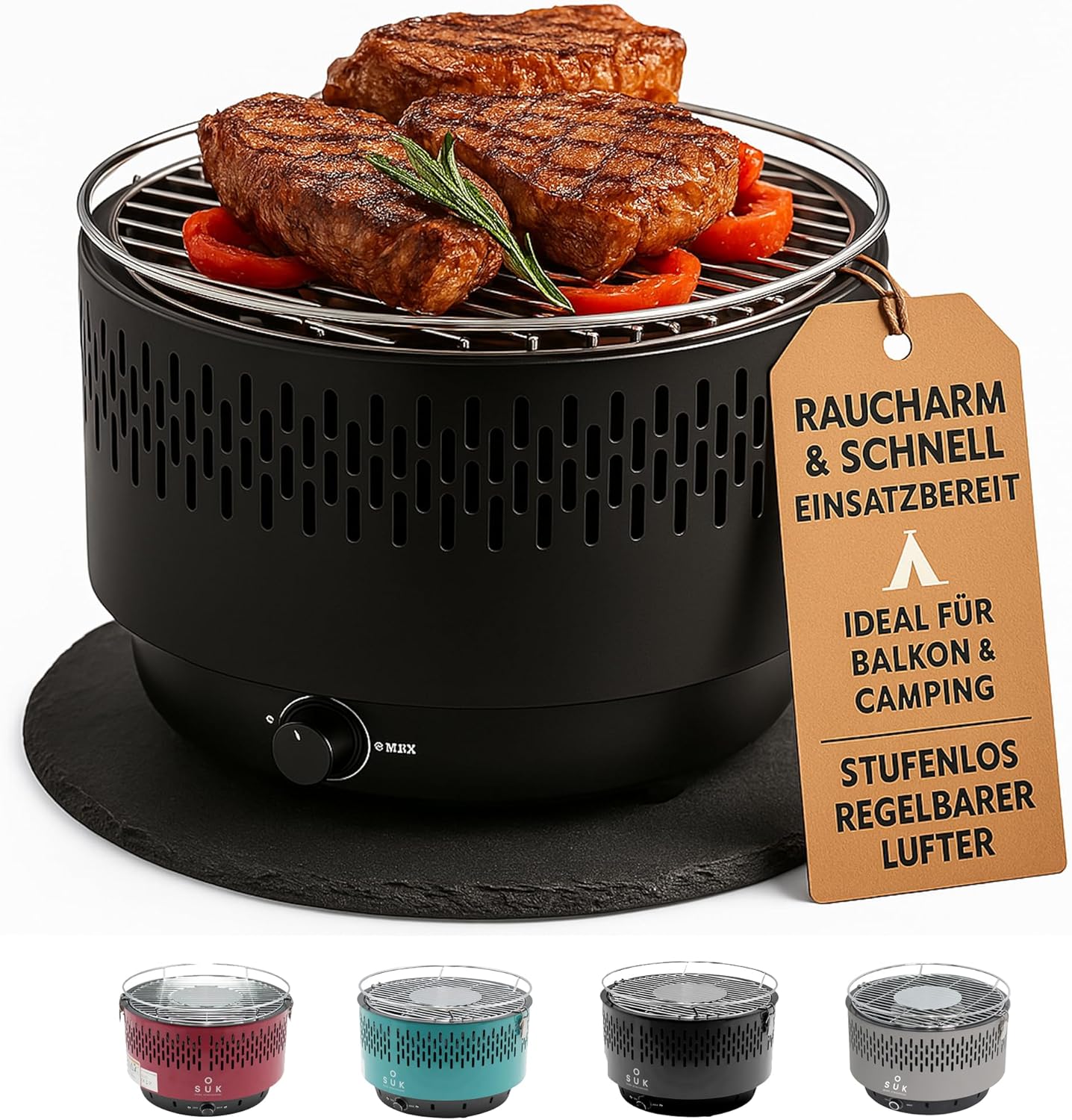 Barbecue de table avec ventilation active, barbecue au charbon de bois avec ventilateur, barbecue de camping, barbecue d'extérieur (noir)