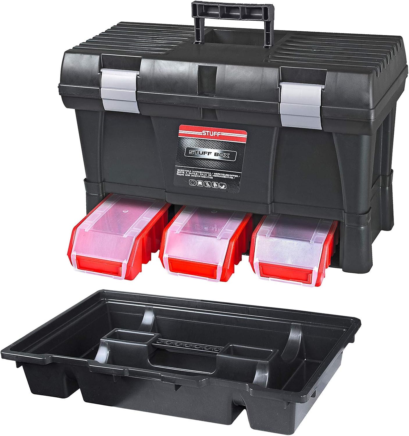 ADB Mallette à outils STUFF avec 3 boîtes empilables, poignée stable, fermetures en aluminium, porte-outils amovible pour douilles et embouts, couvercle résistant au piétinement