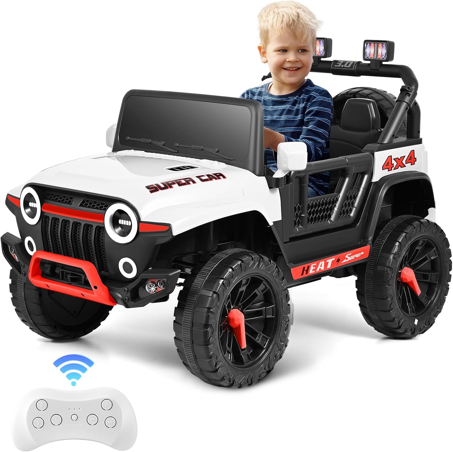 Voiture électrique jeep, 12 V, 4,5 Ah, pour enfants, avec télécommande 2,4 G, musique, klaxon et phare, motif Jeep, blanche Jeep - Blanc
