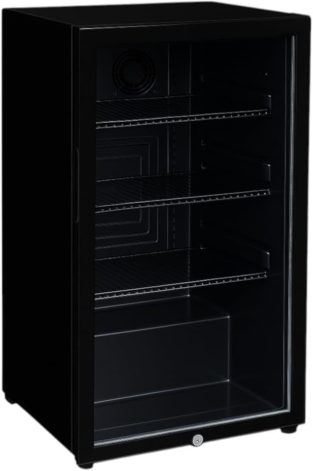 Mini Armoire à Boissons 92L – Réfrigérateur Compact Ventilé – Température 0/+10°C – 3 Étagères Réglables – Porte avec Serrure – Éclairage LED – Gaz R600a – Pieds Réglables – Couleur Noire – 230V