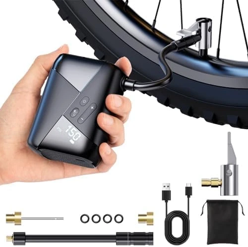 Tiny Bike Pump,Mini Bike Pump with Pressure Gauge Portable Electric Bike Pump 150PSI Rechargeable Type C Mini Bike Pumps for Electric Bike, Mountain Bike, City and Road Bike