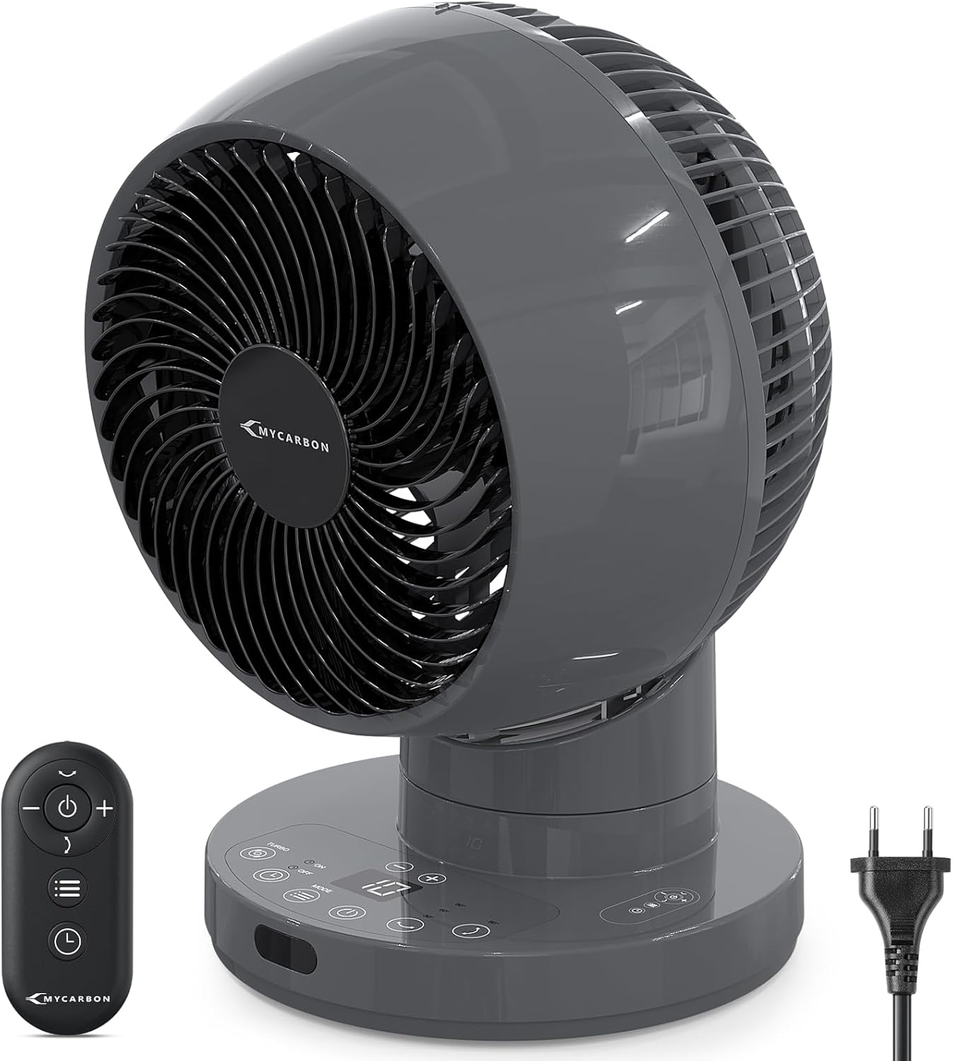 Turbo Ventilateur Silencieux 20dB Moteur DC 12h Minuteur Planification de Démarrage et d’Arrêt 3D Oscillation 3 Modes Petit Ventilateur de Table avec Télécommande pour Chambre, Bureau, Gris