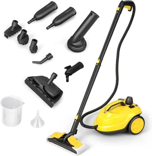 Nettoyeur Vapeur Polyvalent de 2000W avec 13 Accessoires et Manomètres, Balai Vapeur à Roulettes 5 Bars avec Réservoir de 1,8 L pour Plancher Tapis Rideaux (Jaune)