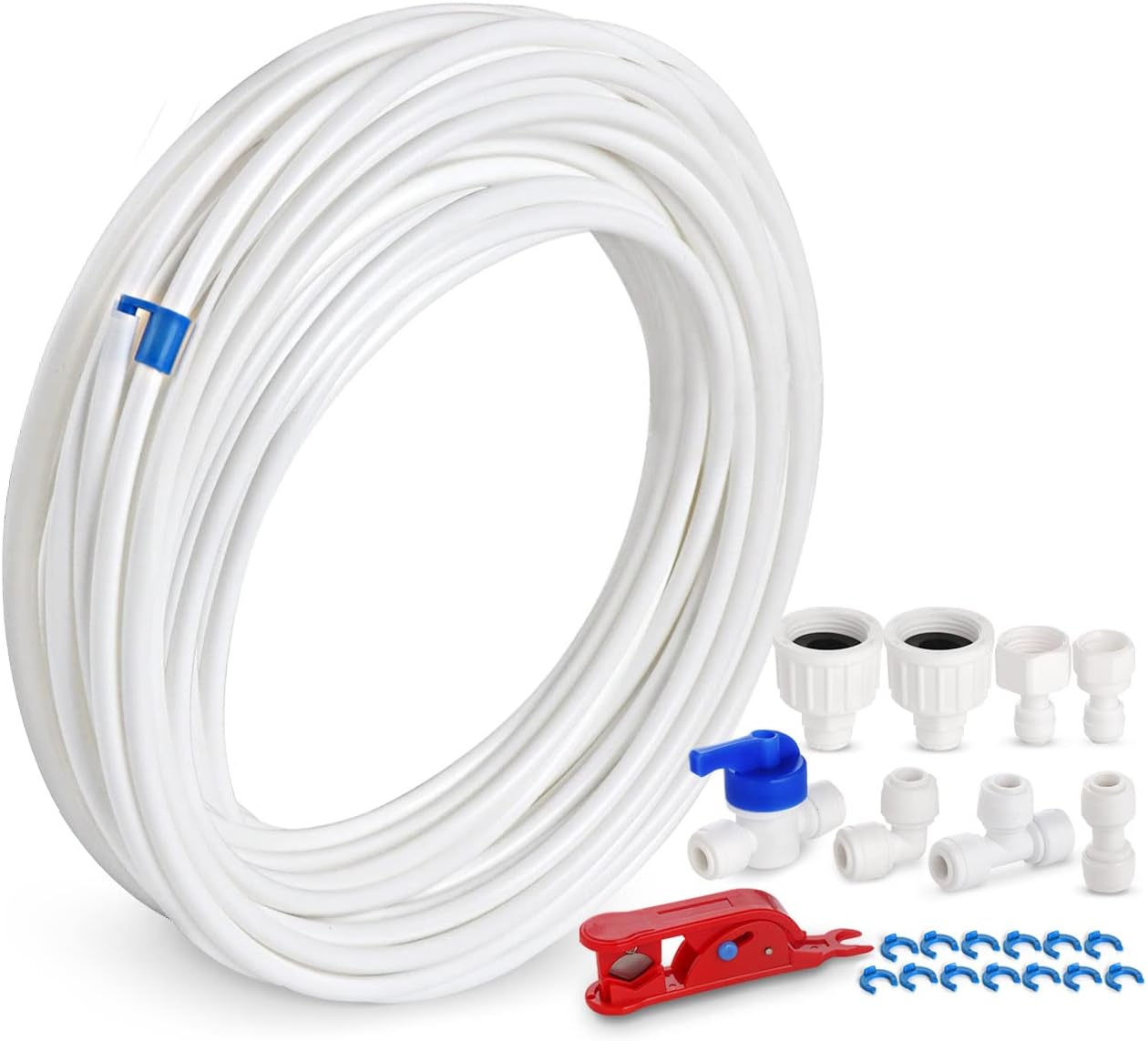 Kit de Frigo Tuyau D'alimentation en Eau Universel 15M, Tuyau D'alimentation en Eau avec Raccord de Connecteur pour Réfrigérateur Samsung Double Porte de Style Européen Tuyau D'eau 6,35mm,1/4" Blanc
