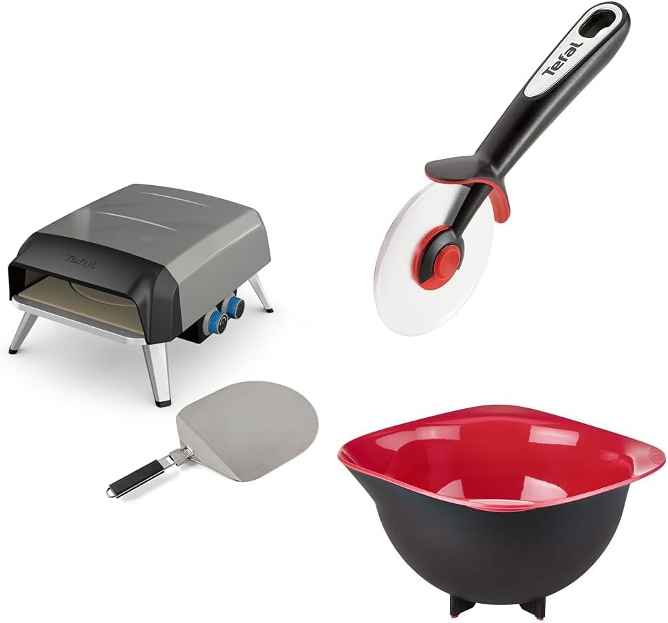 Tefal Pizza Pronto JM412010 - Four à pizza maison avec pierre rotative à 360° Cuisson Rapide JM412010 + K2071114 Roulette à Pizza + K2070414 Bol de préparation 1.5 L