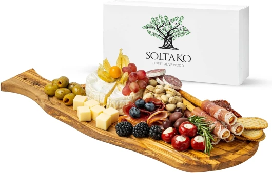 Planche à Découper en Bois d’Olivier, Planche Rustique avec Manche, Planche Fromage, Planche Robuste avec Rainure à Jus, Plateau Apéritif, Planche Apéro artisanale (Long - env - 40-43cm) 40L x 17l cm Rustique avec Rainure À Jus