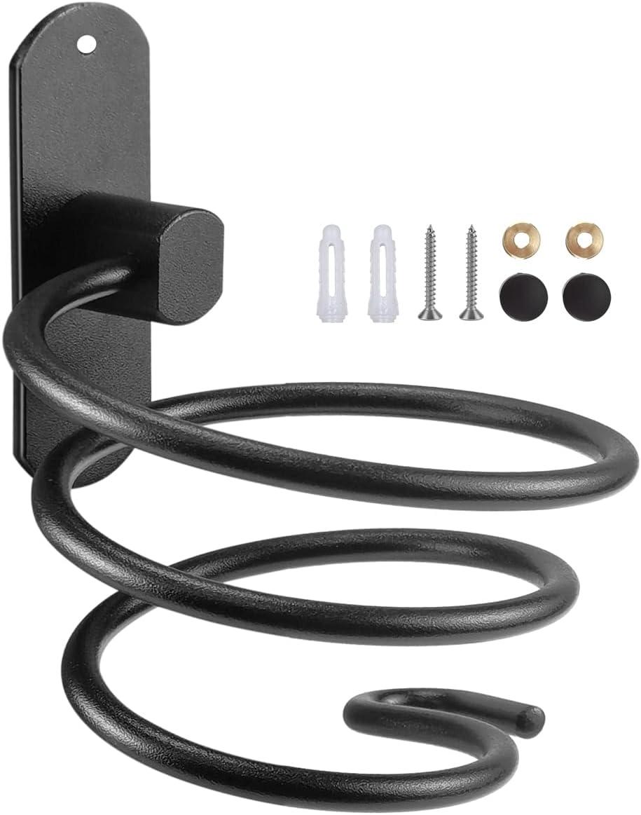UptVin Support Seche Cheveux, Porte Seche Cheveux Mural Forme de Spirale avec Support de Câble Accroche Seche Cheveux en Aluminium Accessoires de Salle de Bain, Noir