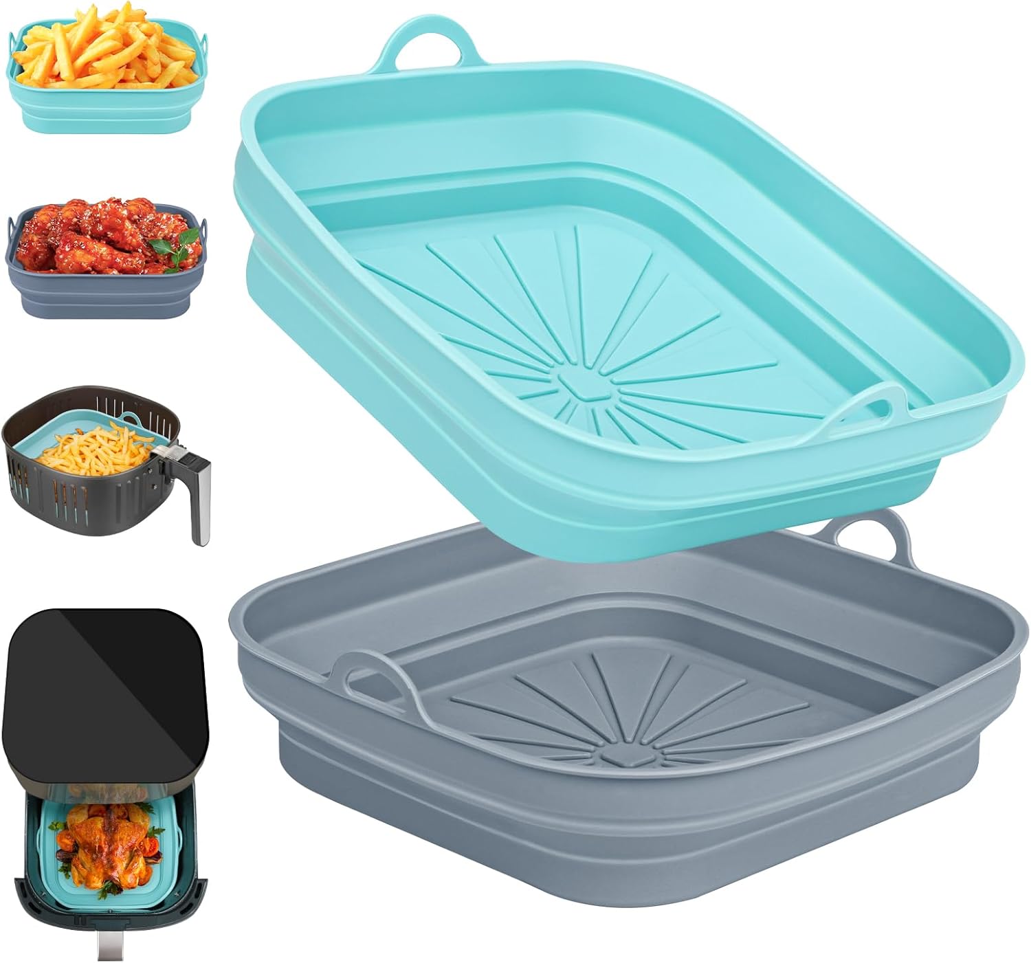 2 Pièces Moule Silicone Air Fryer, Carré Pliable Moule pour Friteuse à Air, Réutilisable Plat Air Fryer Accessoires pour Friteuse Air, Micro-ondes, Four (Bleu+Gris)