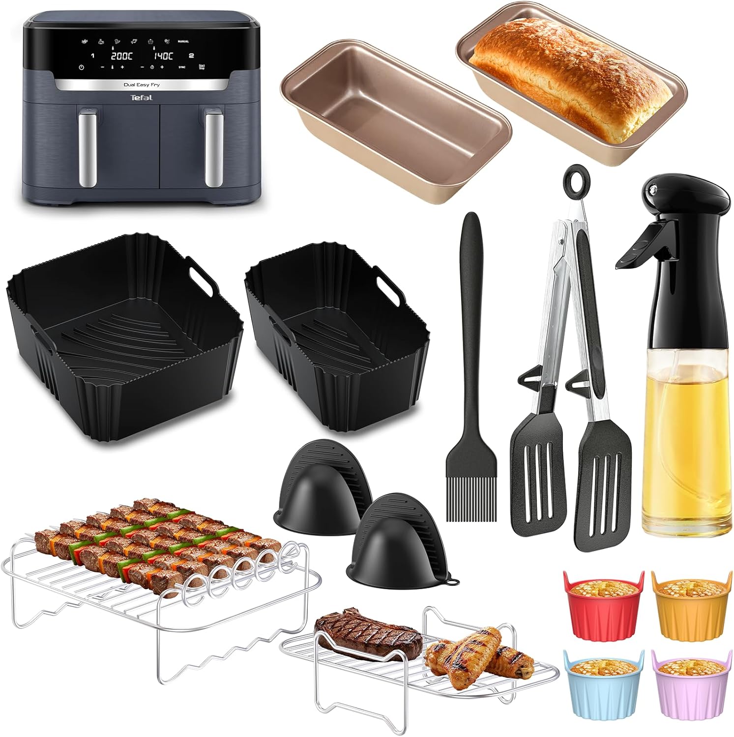 Accessoires Pour Moulinex Dual Easy Fry Xxl 11L, Moule En Silicone Sur Mesure Pour Double Friteuse À Air EY942B, Incl - Grillrost, Spray Huile, Moule À Muffins, Moule À Pain, Etc - +15 Pièces Accessoires Pour Dual Easy Fry XXl