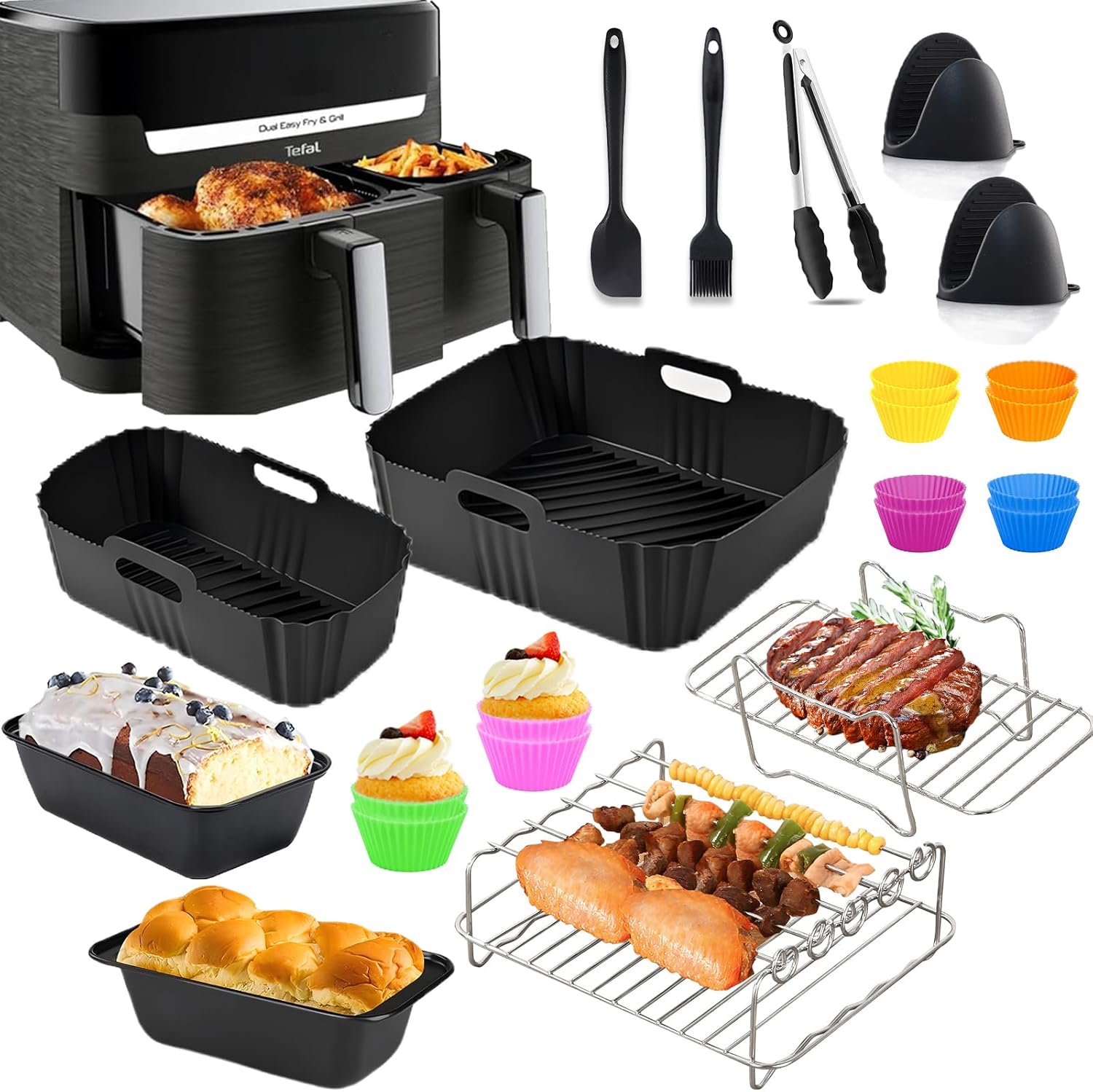 Moule Silicone Air Fryer pour Moulinex Easy Fry Dual 5,2/3,1L - 23 Pcs Air Fryer Accessoires Pour Friteuse à Air - Moule Air Fryer, Moule Cake, Pain, Grille Racks etc 23pcs Accessoires pour Moulinex Ez9018 8,3l