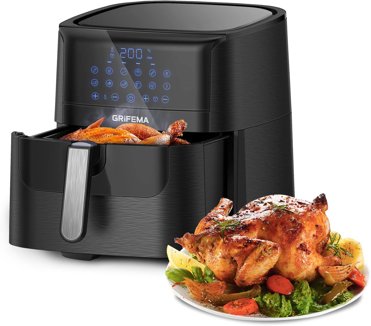 GC2001 Friteuse sans Huile XXL 6,5L/1800W avec Écran Tactile LED, 12 Programmes pour Cuisson Saine, Air Fryer Circulation d'air Rapide 60 Min Minuterie et Température Réglable, Noir