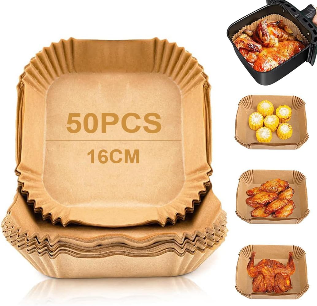 Youery 50 Pièces Papier Cuisson Air Fryer, 16CM Carré Papier Sulfurisé pour Air Fryer, Jetable Antiadhésive Imperméable Parche.min Paper Liner Pour Friteuse à Air, Poêle, Four, Micro-ondes 16*16*4.5cm（Paquet de 50）