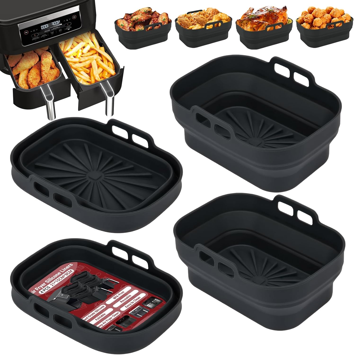 Moule Silicone Air Fryer, 4 Pièces Moules pour Friteuse à Air Réutilisable Plat Airfryer Accessoire Rectangulaire Ustensiles Panier pour Friteuse Air Chaud, Four, Microonde (Noir) 4 Pieces Noir