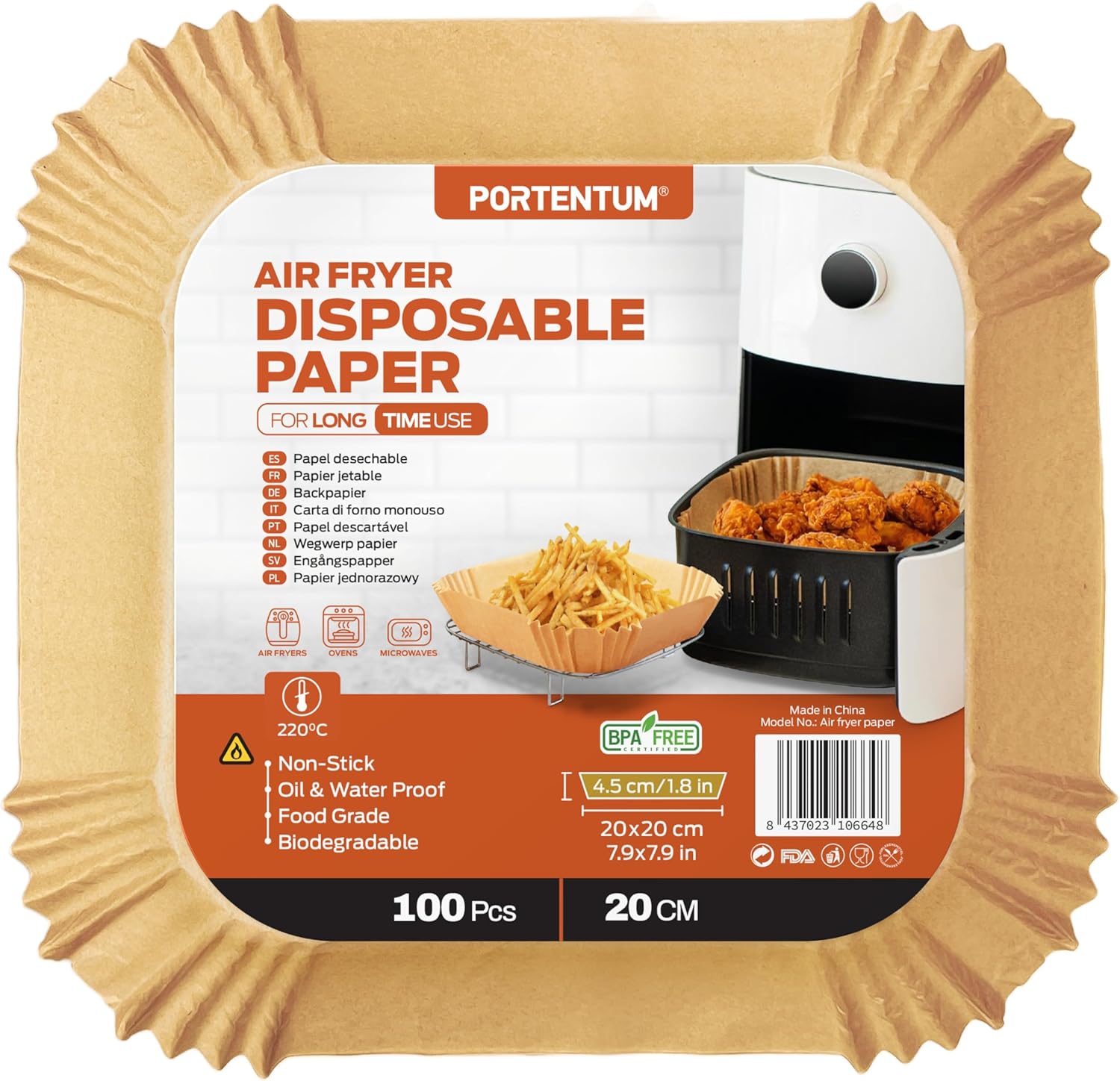 Papier cuisson air fryer - 100 pièces Food-Grade BPA gratuit, 20 x 20cm, pour friteuse sans huile 5 à 8 litres - Idéal pour la cuisson saine FRYER PAPER CARRÉ Sans pulvérisateur d'huile