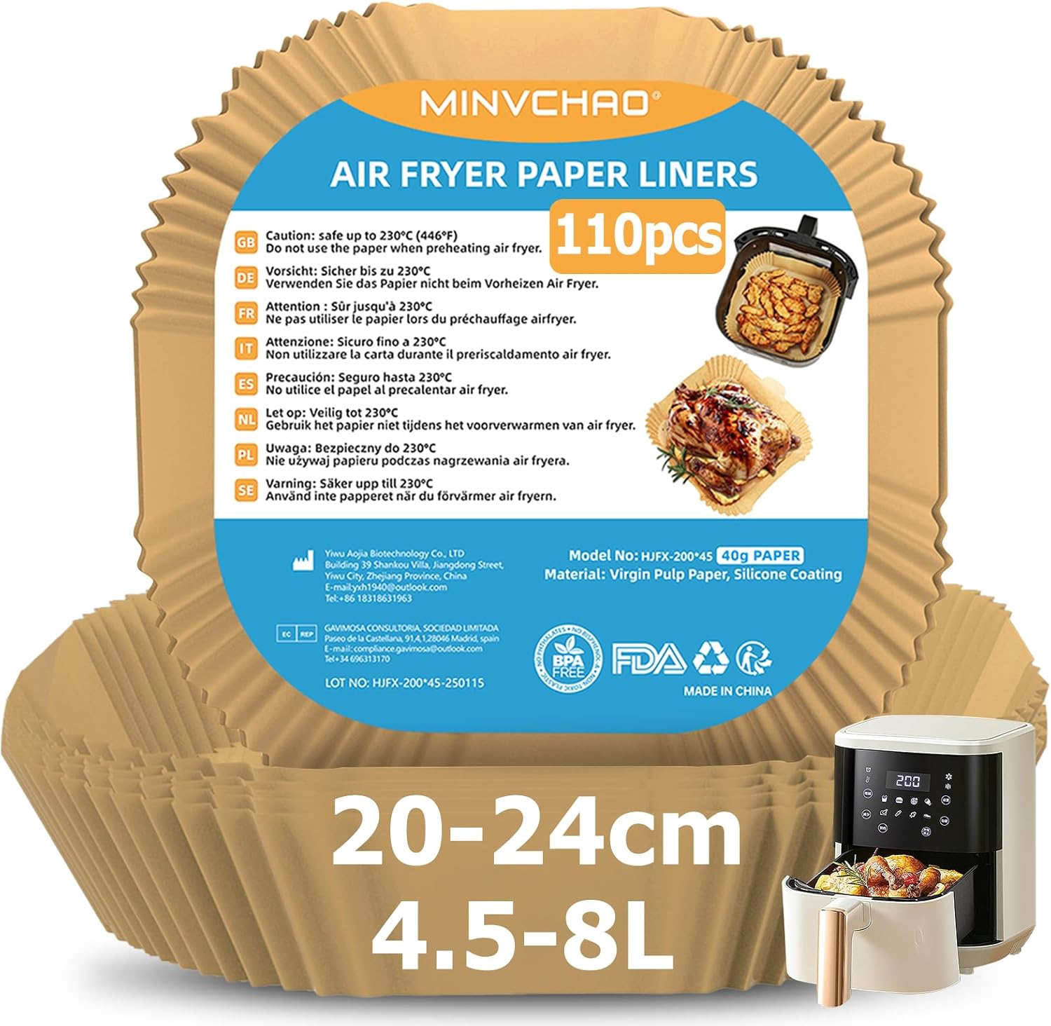 Papier cuisson air fryer 110 pièces Convient pour 4,5L-8L accessoires air fryer BPA free 20-24cm air fryer accessoires Compatible avec COSORI Airfryer Cecotec Philips 110 pièces 4,5L-8L carré