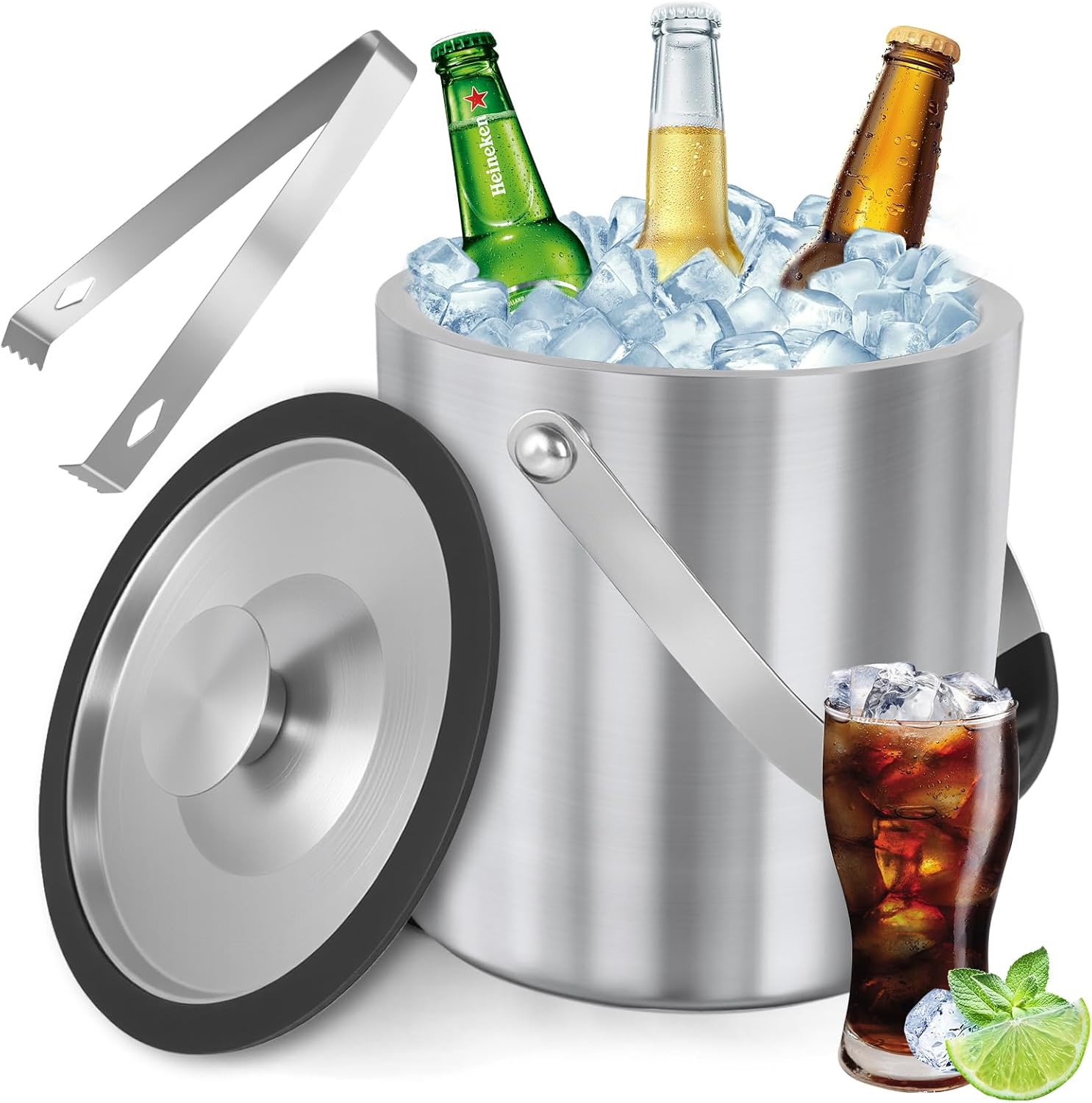 BBWELL Bac à glaçons,seau à glace de 2 litres,double isolation en acier inoxydable avec couvercle en silicone,clip et passoire en acier inoxydable,idéal pour les bars à cocktails,les fêtes,le champagn