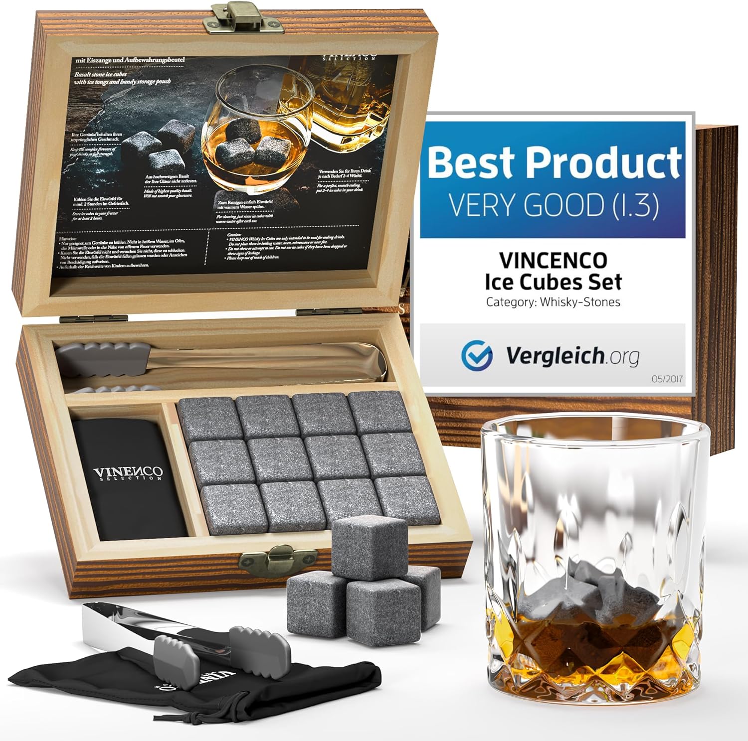 Pierre a Whisky Acier Réutilisables Set de 12 + Pince & Sac en Tissu - Boissons sans Dilution - Glacon Whiskey Basalte Ensemble Cocktail Refroidissement Cadeau Homme Ice Cube Rocks Wisky Stones Gift Set de 12 Basalte