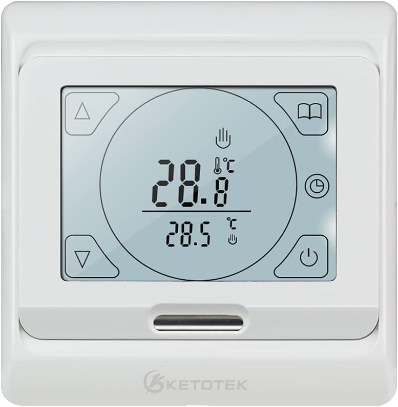 KETOTEK Thermostat Chauffage au Sol Electrique Programmable 16A avec Sonde, Numérique Thermostat d'ambiance Plancher Chauffant Régulateur Écran Tactile LCD écran Tactile 16a Chauffage au Sol Electrique