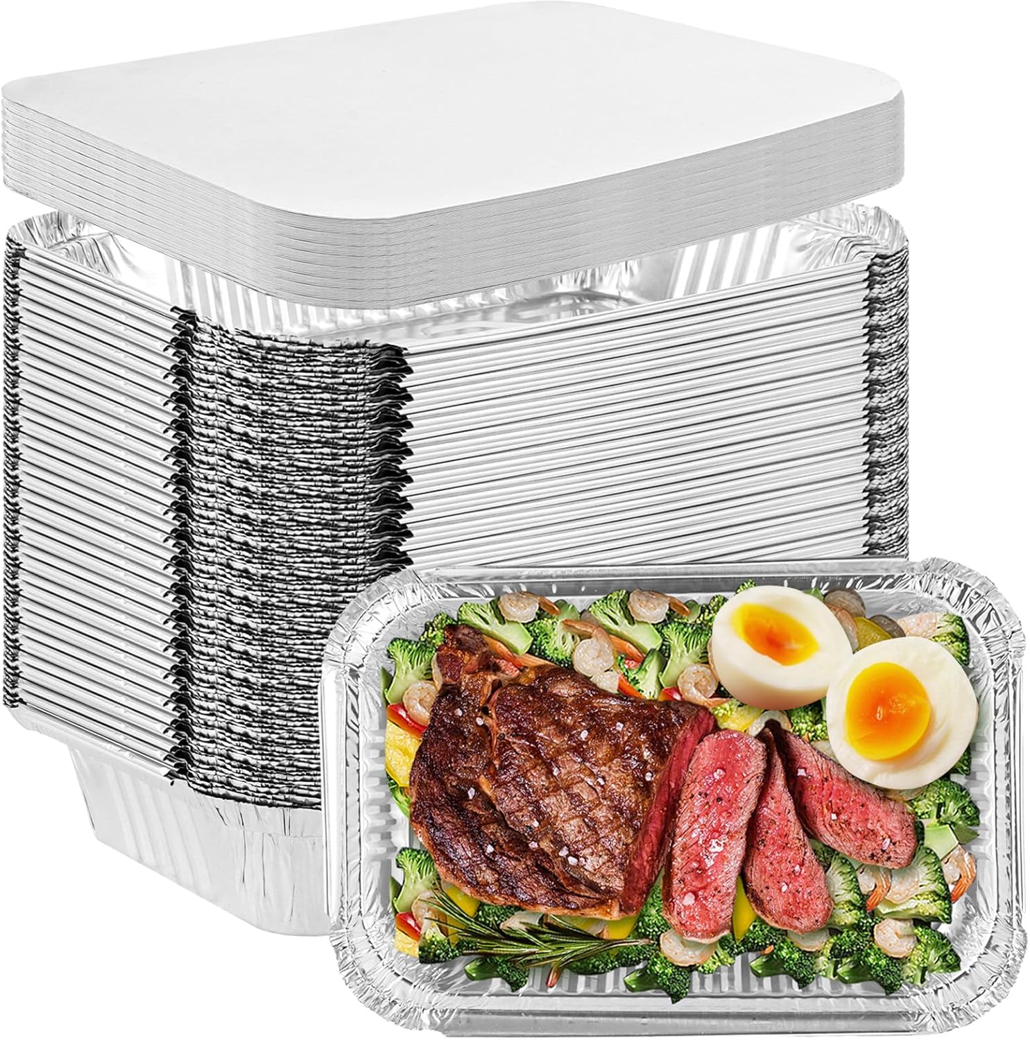 Lot de 50 Barquette Aluminium avec Couvercle 1.9L, 1900ML Barquette Alimentaire Jetable Pour Barbecue la Cuisson Grillage Cuisine Restauration 50PCS-1900ML