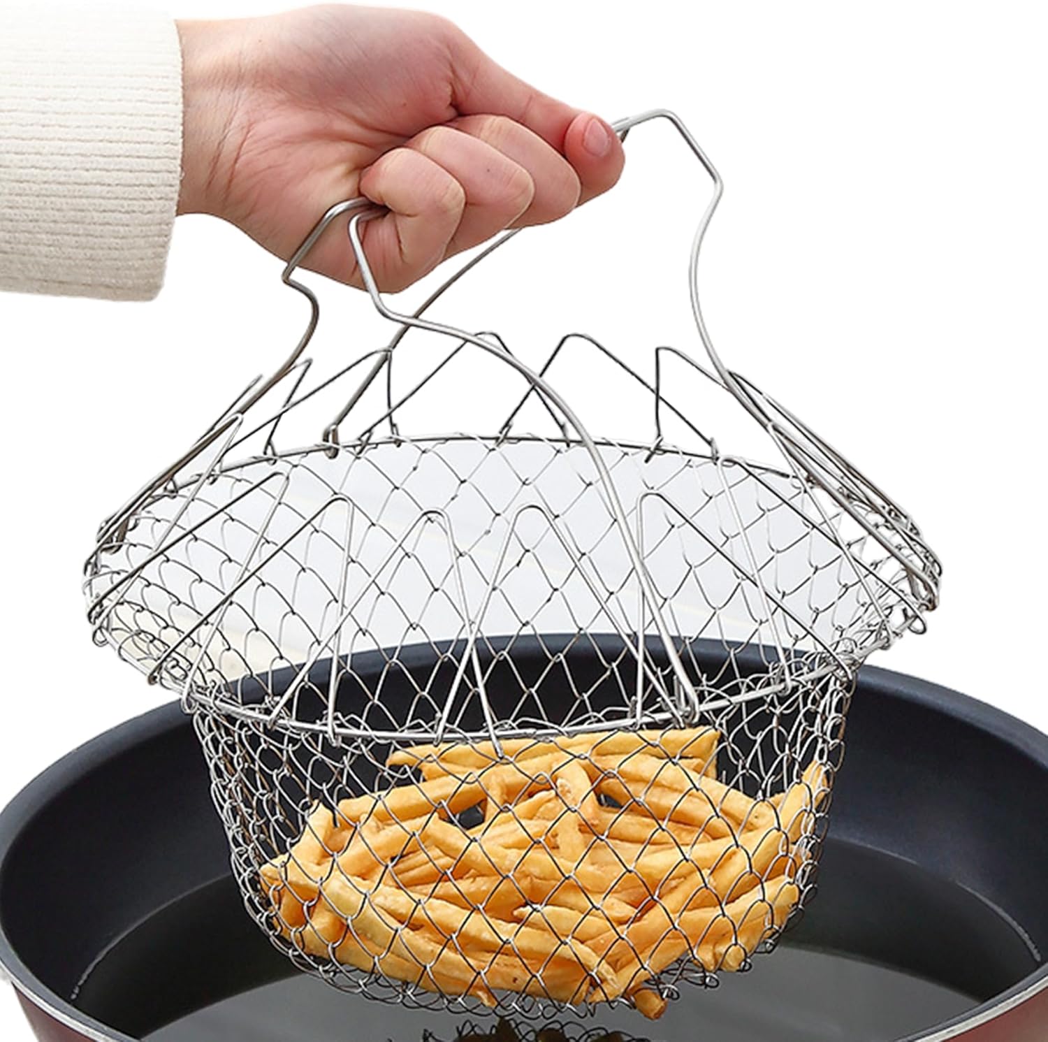 XFLYP Panier À Frire, Panier de Chef en Acier Inoxydable, Panier À Friteuse Ronde avec Poignée pour Frites Pommes de Terre Friteuse Friture Alimentaire Cuisine Outil de Cuisson Panier Pliant pour Friture